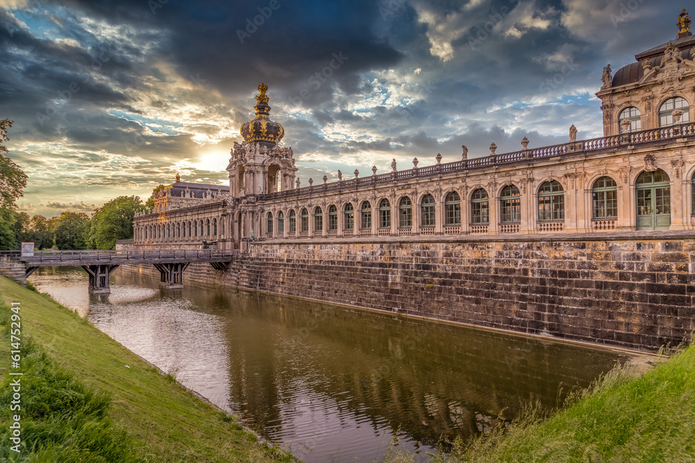 Sunset view of Zwinger the former Saxon royal gallery in Dresden reconstructed after the WWII bombings Sunset view of Zwinger the former Saxon royal gallery in Dresden reconstructed after the WWII bombings