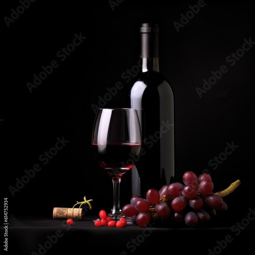 A bottle of red wine with a glass and a bunch of grapes