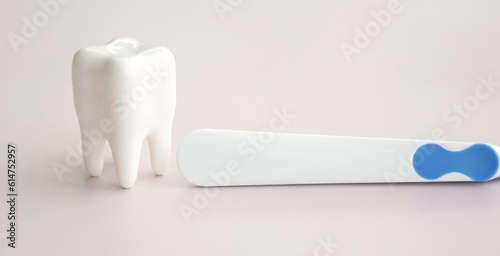 Toothbrushes with a small figure of a tooth on a light background.