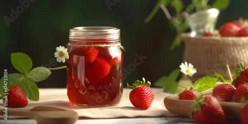 Homemade strawberry preserves or jam in a glass jar surrounded by fresh organic strawberries. AI generated