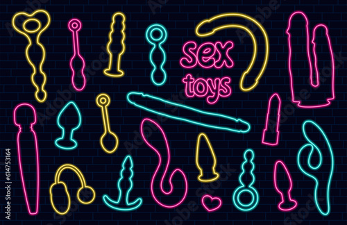 Sex toys neon collection. Set of erotic elements. Anal plugs, vibrators, balls, dildo. Retro sign.