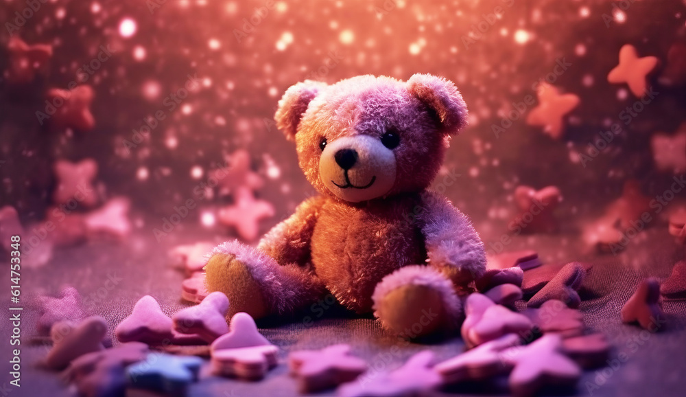 Fototapeta premium Illustration of a cute teddy bear surrounded by a sparkling galaxy of stars and colorful confetti created with Generative AI technology