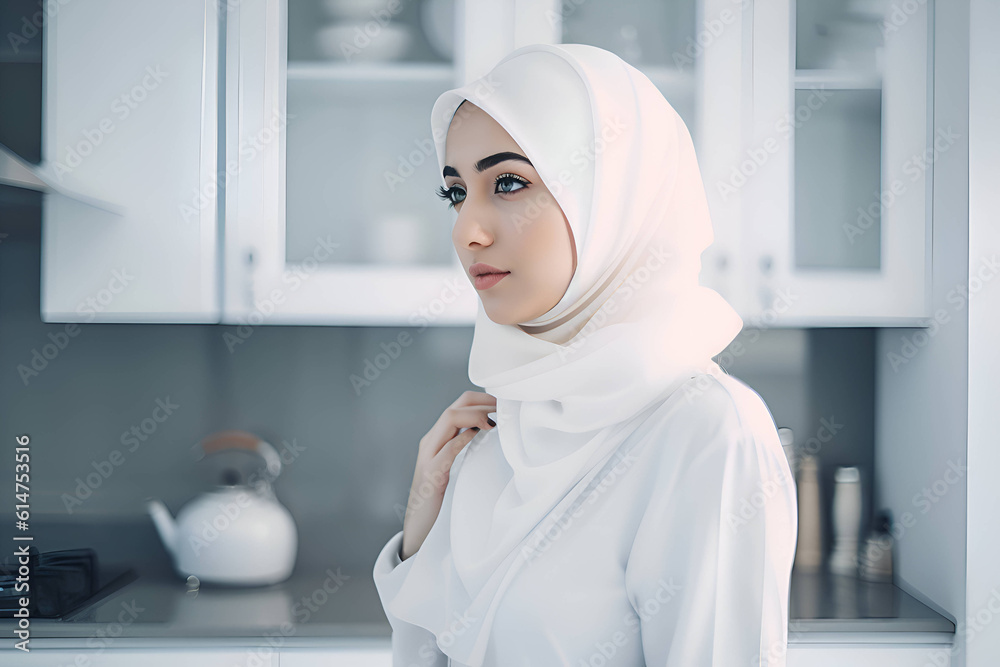 Arab woman in a hijab in a white kitchen, Generative AI 3