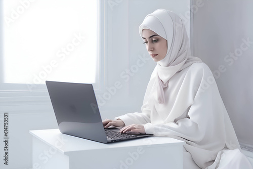  Arab woman freelancer working on a laptop in a white room, Generative AI 2