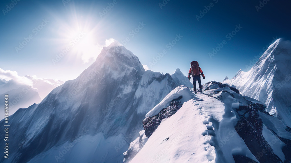Goal to success for level up with person climbing on route slope to mountain peak.human performance limit concepts.growth mindset and motivation.generative ai technology
