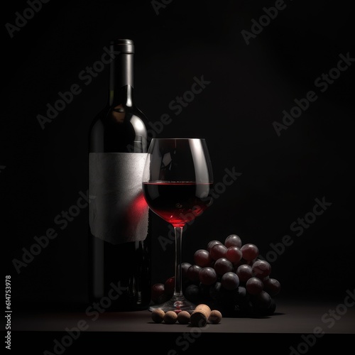 A bottle of red wine with a glass and a bunch of grapes