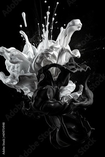 Black and white paint splashing with black background.