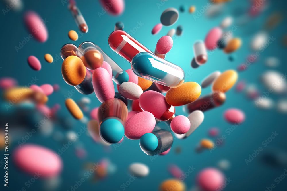 Pharmacy and medicine, antidepressants concept. Multicolored pills and