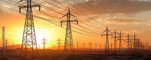High voltage power line at sunset. Generative AI