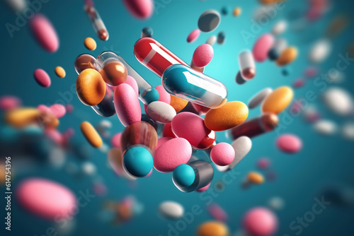 Pharmacy and medicine, antidepressants concept. Multi-colored pills and capsules of drugs flying in all directions. Motion blur, close-up photo