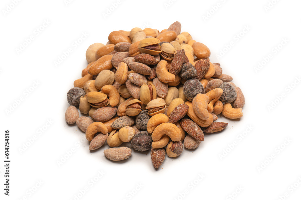 A group of almonds, pistachios, walnuts, macadamia, cashews. A group of almonds, pistachios, walnuts, macadamia, cashews.
