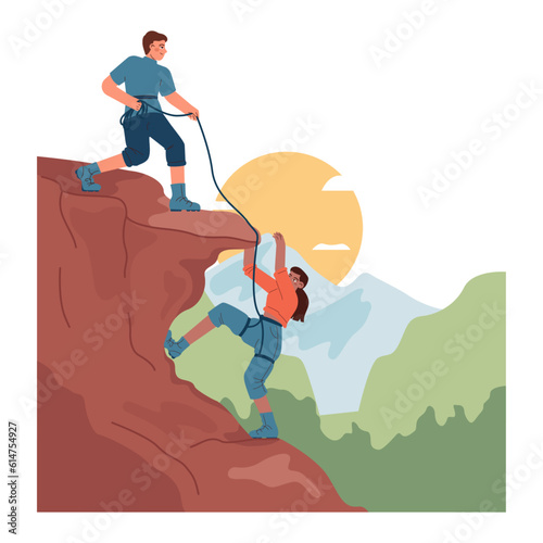 Mountaineering. Mountain climbers with backpacks during nature