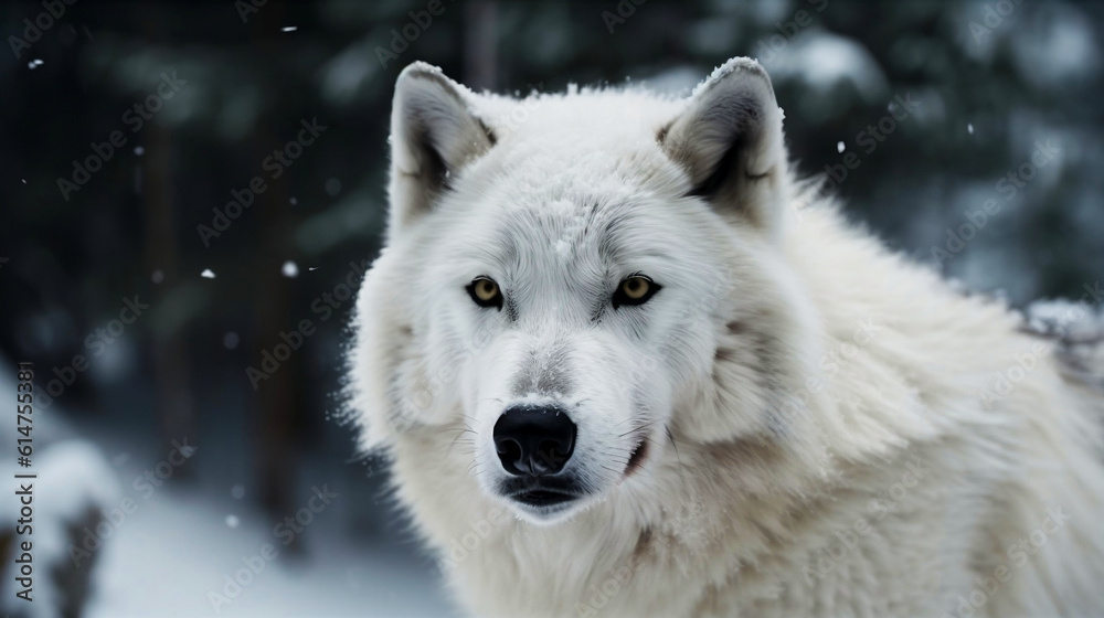 Close up of white wolf with snow background. Animal kingdom concept.