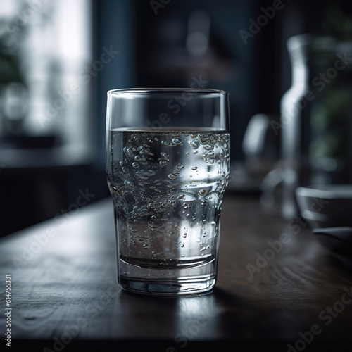 Mineral water is poured into a glass cup. Glass of water macro shot in cinematic style. Glass with water isolated. Realistic 3D illustration. Generative AI