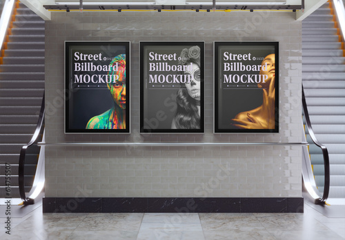 Subway Scene with 3 Advertisement Posters Mockup