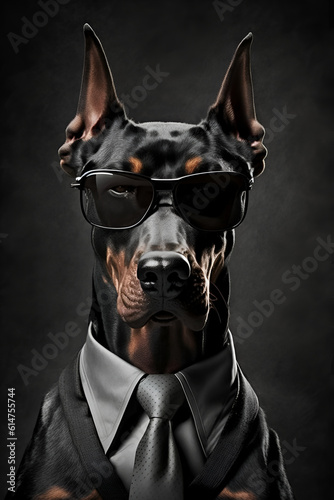 Studio portrait of doberman pincher dog in suit shirt tie and sunglasses