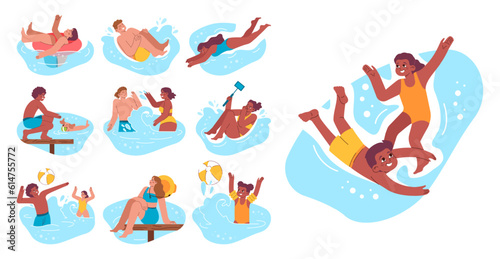 Swimming set. Diverse characters swimming in the sea. Summer holidays