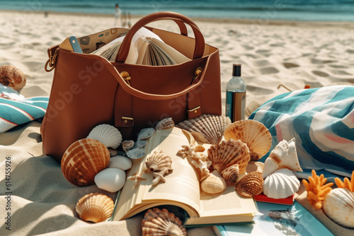 A beach bag filled with a towel, sunscreen, a book, and seashells, flat cinematic view Generative AI
