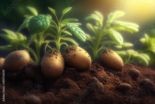 Potatoes grow on the bed close-up. AI Generated photo