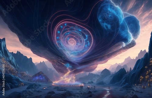 Abstract wallpaper of landscape filled with swirling data streams and interconnected nodes evoking a sense of dynamism and constant evolution within the realm