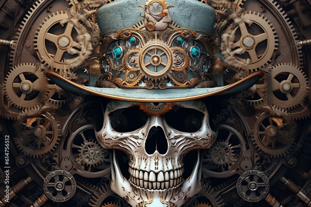 Unique Digital Art of Day of the Dead Steampunk Skull. Generative AI