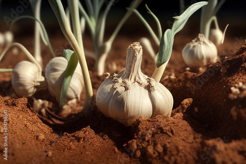 Garlic grows in garden and field. AI Generated