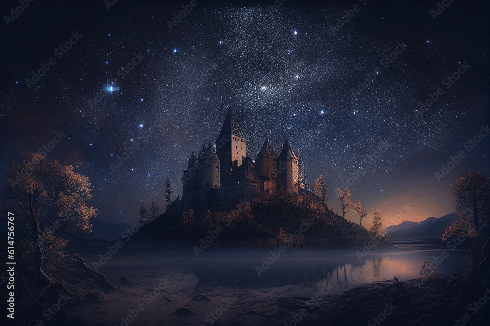 Castle and night with stars. Night landscape. AI Generated