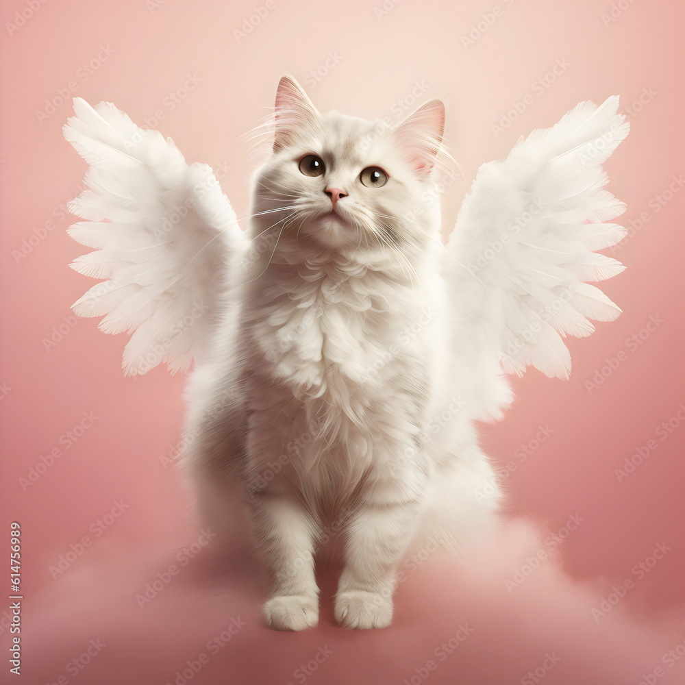 fluffy white cat with angel wings sitting isolated on pink cloud studio background, made with generative ai