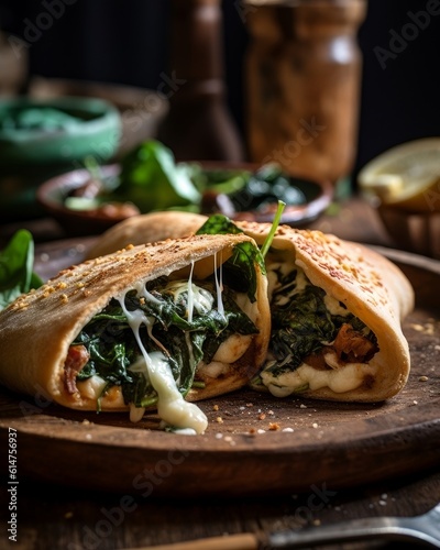 vegetarian calzone filled with spinach, ricotta, and mushrooms, placed on a rustic table setting