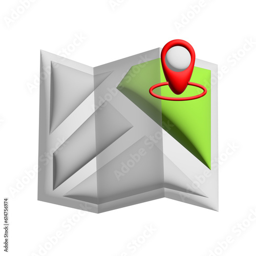 city map with icon Pin location on the paper, 3d render.