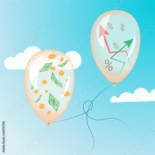 balloons in the sky with money and stocks