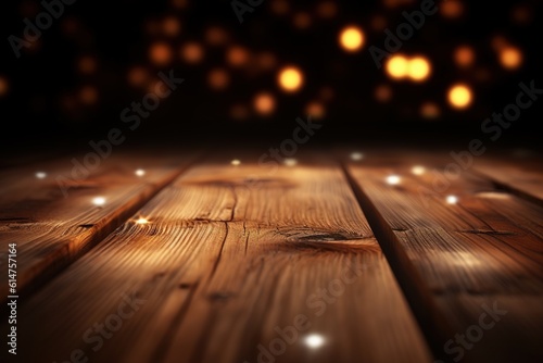 Empty wooden surface against a backdrop of blurry night lights, bokeh effect. generative ai