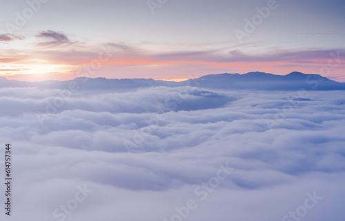 sunrise and fog over the mountains