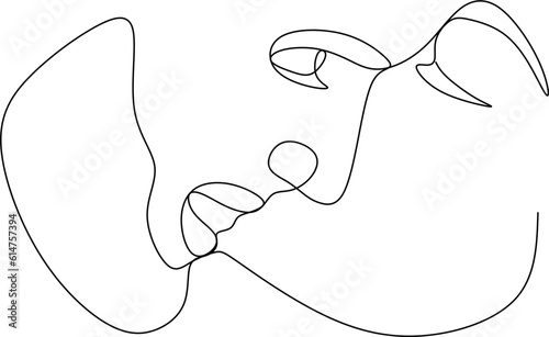 The silhouette of kissing couple faces drawn in one continuous line. Vector illustration