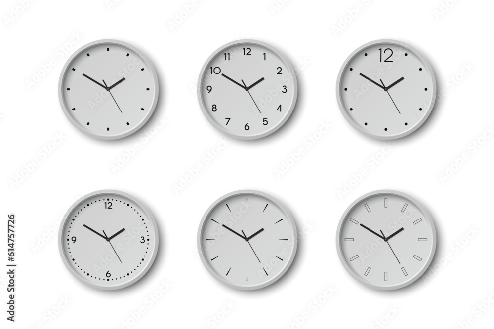 Vector 3d Round Wall Office Clock with White Clock Dial Set Closeup Isolated. Watches, Design Template, Mock-up for Branding, Advertise. Vector Simple Minimalistic Clocks, Watches in Front View Vector 3d Round Wall Office Clock with White Clock Dial Set Closeup Isolated. Watches, Design Template, Mock-up for Branding, Advertise. Vector Simple Minimalistic Clocks, Watches in Front View