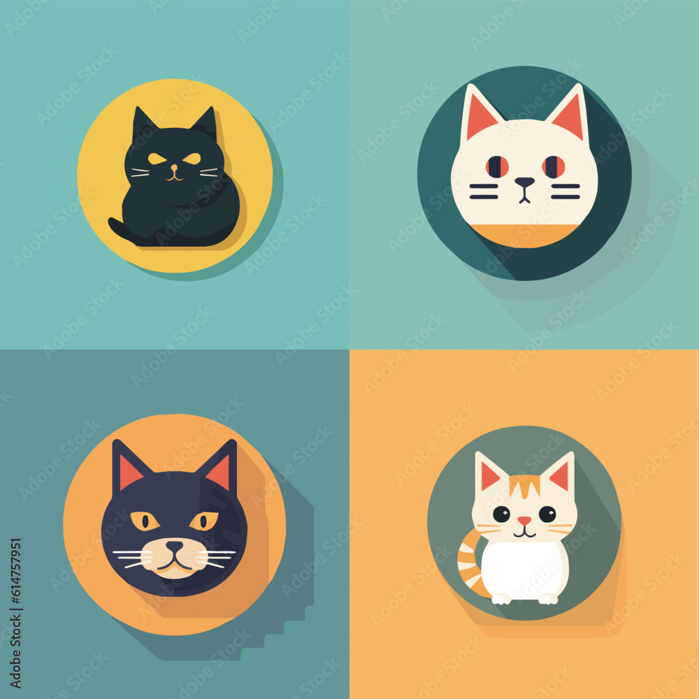 Obraz premium animal, art, background, black, cartoon, cat, character, collection, cute, design, domestic, drawing, emoticons, face, flat, fun, funny, graphic, happy, head, icon, illustration, isolated, kitten, kit