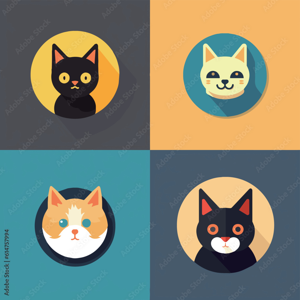 Fototapeta premium animal, art, background, black, cartoon, cat, character, collection, cute, design, domestic, drawing, emoticons, face, flat, fun, funny, graphic, happy, head, icon, illustration, isolated, kitten, kit