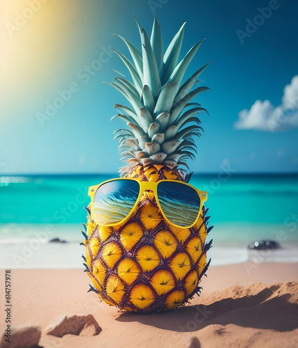 Tropical Summer Illustration of Pineapple Fruit on the Beach with Sunglasses and Wavy Sea Background with Sunshine. Design for Poster, Banner, Invitation, Greeting Card or Cover. AI Generated.