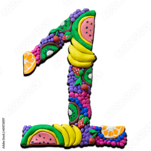 Bright plasticine numbers. Fruity, summer theme. Number 1 isolated on white background. 3d illustration