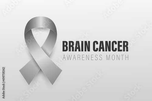 Brain Cancer Banner, Card, Placard with Vector 3d Realistic Grey Ribbon on Grey Background. Brain Cancer Awareness Month Symbol Closeup, May. World Brain Cancer Day Concept