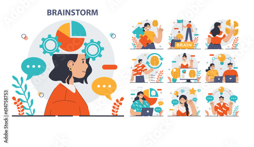 Brainstorm set. New idea generation in a teamwork discussion