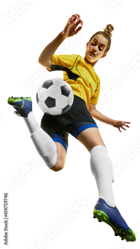 Fototapeta Naklejka Na Ścianę i Meble -  Hitting ball in a jump. Young professional football, soccer player in motion, training, playing isolated on transparent background Concept of professional sport, competition, hobby, action and motion