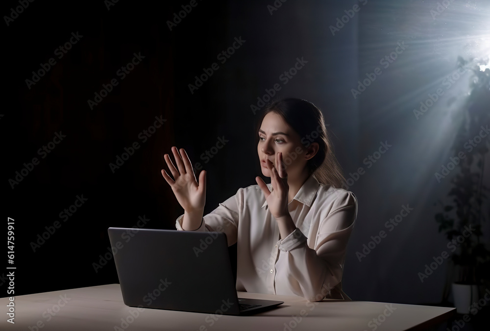 Digital Connection: Engaging Gestures as a Woman Communicates with a Laptop During a Video Call, ai generative Digital Connection: Engaging Gestures as a Woman Communicates with a Laptop During a Video Call, ai generative