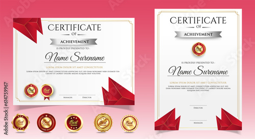 Elegant gradient golden red luxury certificate with badges. vector