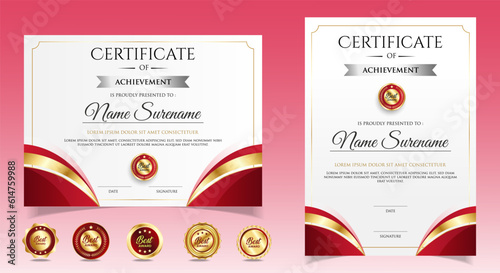 Modern employee of the month certificate. Black and Gold certificate with badges. vector