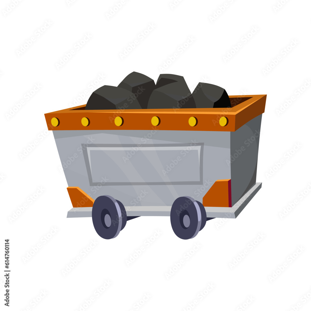 Mining cart full of coal. Trolley icon with iron ore isolated on white background. Loaded wagon for game or app design. Extraction and transportation of natural resources. Cartoon vector illustration. Mining cart full of coal. Trolley icon with iron ore isolated on white background. Loaded wagon for game or app design. Extraction and transportation of natural resources. Cartoon vector illustration.