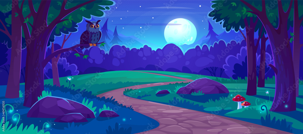 Landscape view of a magical forest at night. Fairy tale background with a full moon over the woods, an owl sitting on a branch, fireflies in the grass and mushrooms. Cartoon vector illustration.