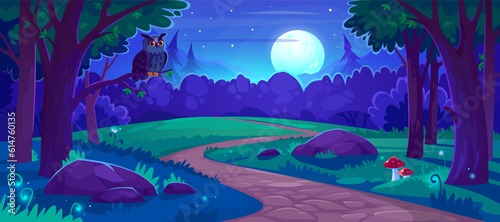 Landscape view of a magical forest at night. Fairy tale background with a full moon over the woods, an owl sitting on a branch, fireflies in the grass and mushrooms. Cartoon vector illustration.
