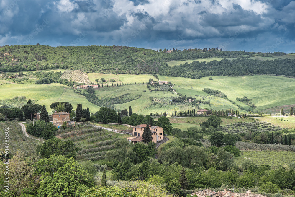 Tuscan landscape rolling green hills from Montepulciano, Tuscany, Italy