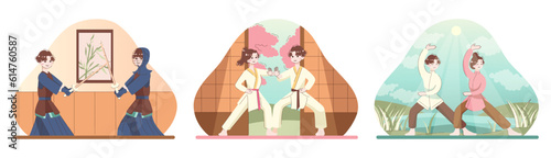 Asian people doing sport set. Traditional sport or martial art such as karate,